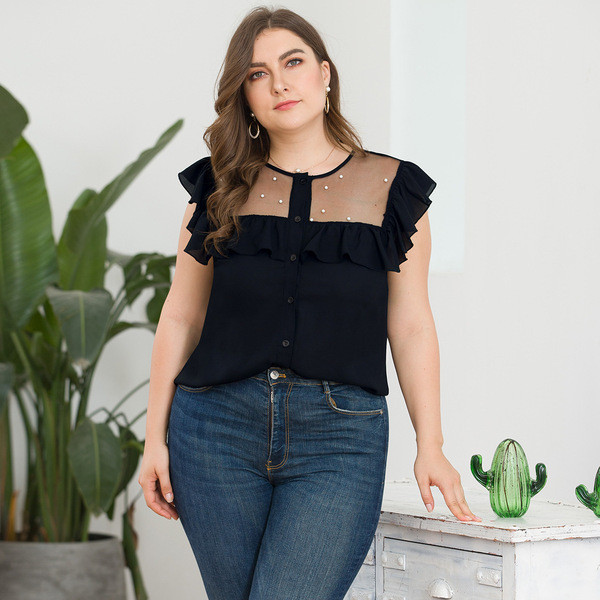 Cămașă de damă cu mâneci scurte de mărime mare, de culoare neagră