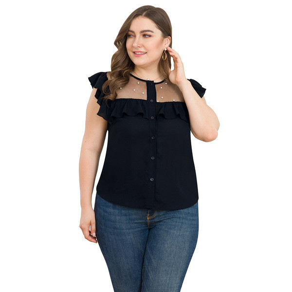 Cămașă de damă cu mâneci scurte de mărime mare, de culoare neagră