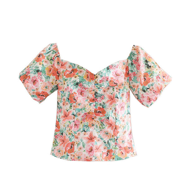 Bluză de damă modernă cu motive florale și decolteu în V