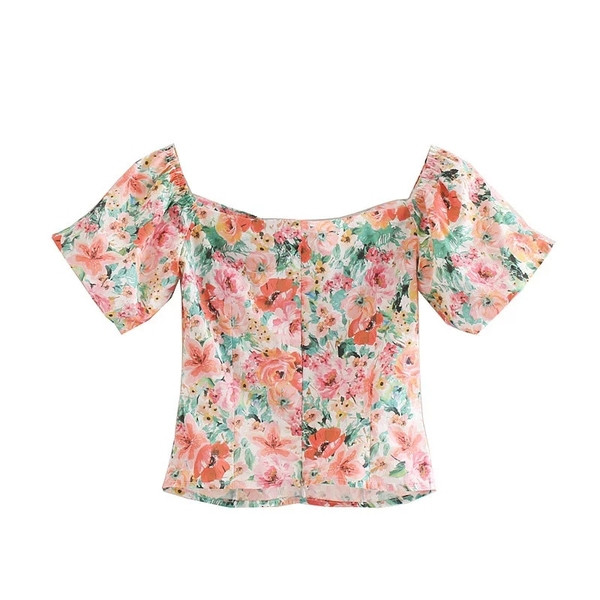 Bluză de damă modernă cu motive florale și decolteu în V