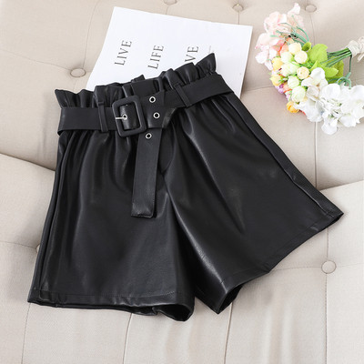 Pantaloni scurti de dama la moda din imitatie de piele cu curea in mai multe culori