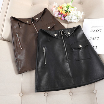 Fusta de dama din piele cu fermoar in negru si maro