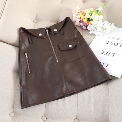 Fusta de dama din piele cu fermoar in negru si maro