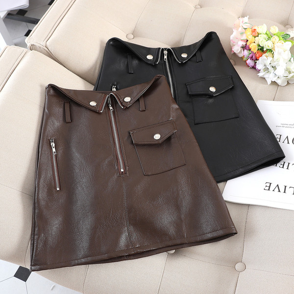 Fusta de dama din piele cu fermoar in negru si maro