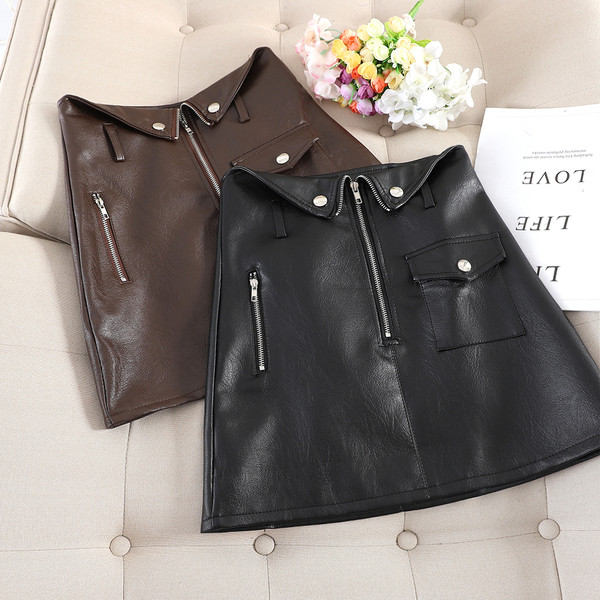 Fusta de dama din piele cu fermoar in negru si maro