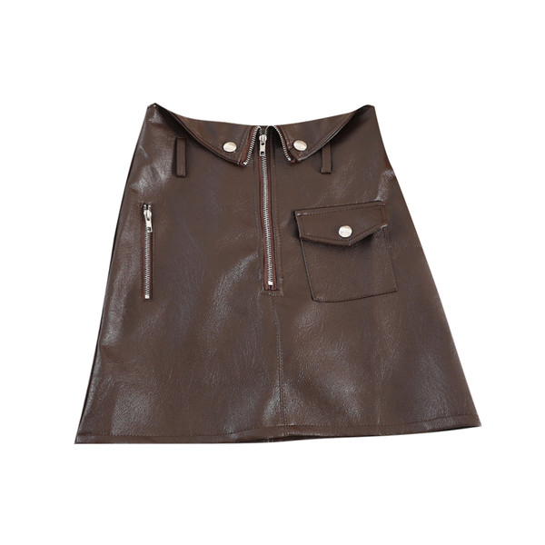 Fusta de dama din piele cu fermoar in negru si maro