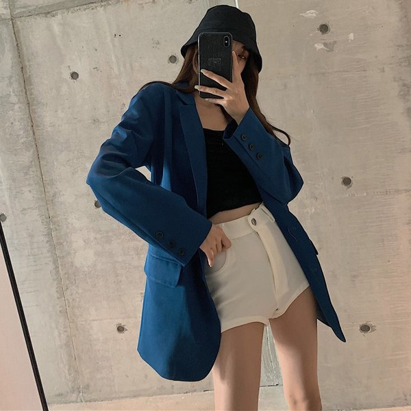 Модерно дамско дълго сако в син цвят