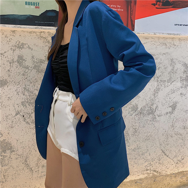 Модерно дамско дълго сако в син цвят