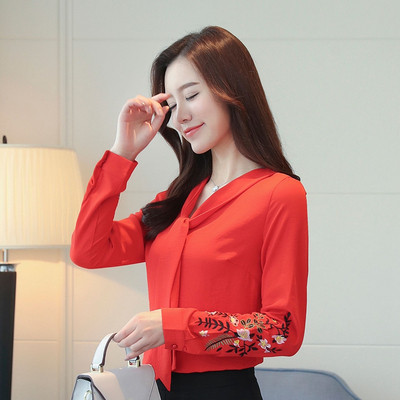 Cămașă elegantă de damă, cu mâneci lungi, în trei culori, cu broderie