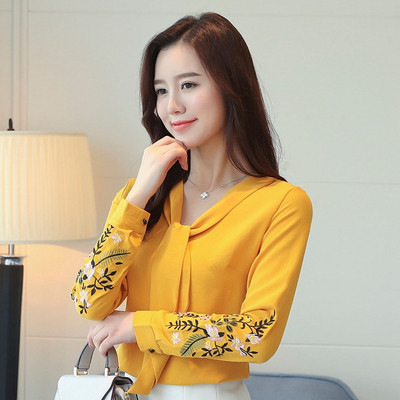 Cămașă elegantă de damă, cu mâneci lungi, în trei culori, cu broderie