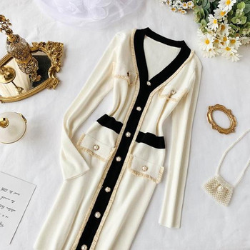 Rochie elegantă de damă cu nasturi în alb-negru