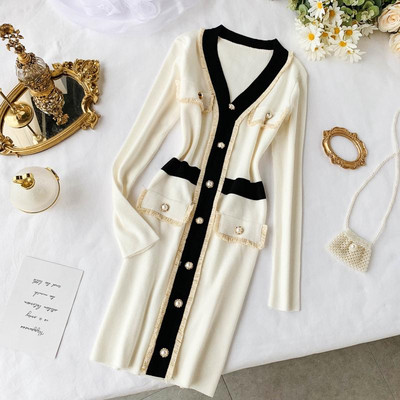 Rochie elegantă de damă cu nasturi în alb-negru