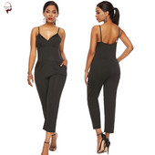 Salopetă elegantă de damă, cu bretele subțiri și decolteu adânc, de culoare neagră