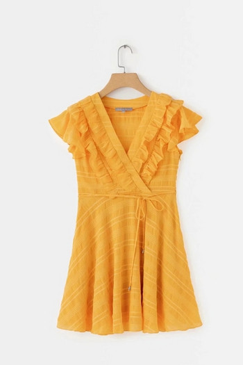 Rochie elegantă de damă cu decolteu în V în galben și alb