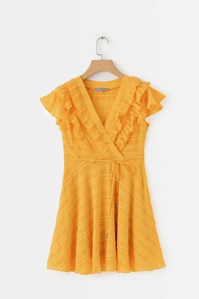 Rochie elegantă de damă cu decolteu în V în galben și alb