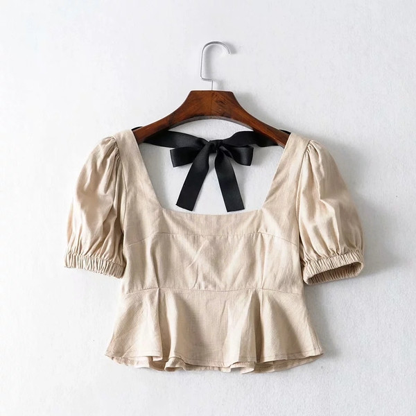 Bluză de damă modernă cu decolteu pătrat de culoare maro