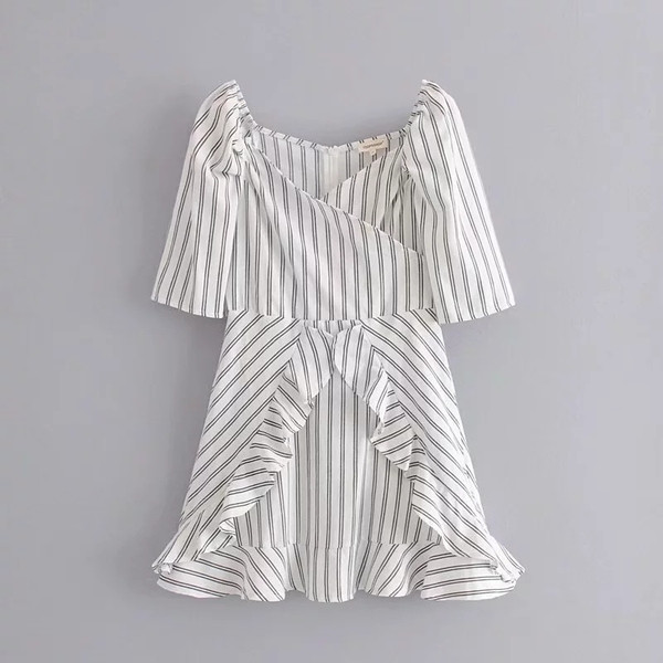 Rochie de dama in dungi cu maneci 3/4 si decolteu in V