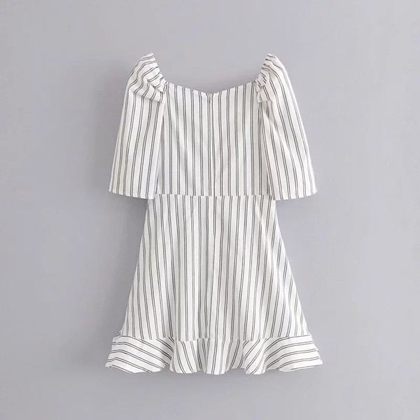 Rochie de dama in dungi cu maneci 3/4 si decolteu in V