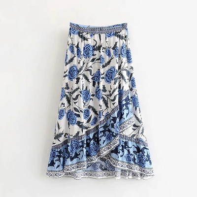 Fusta de dama actuala model asimetric cu motive florale