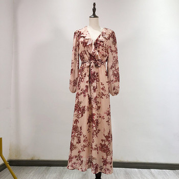 Rochie de dama lunga cu cravate in talie si model floral