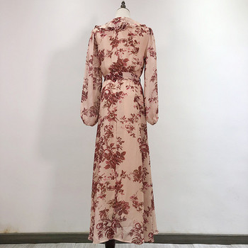 Rochie de dama lunga cu cravate in talie si model floral