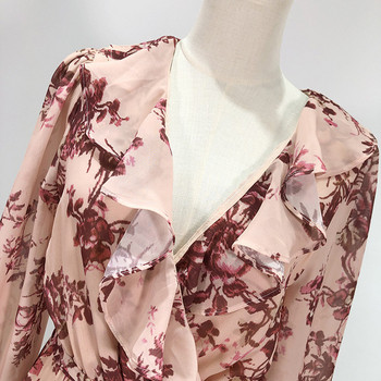 Rochie de dama lunga cu cravate in talie si model floral