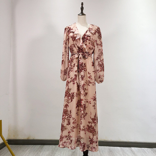 Rochie de dama lunga cu cravate in talie si model floral