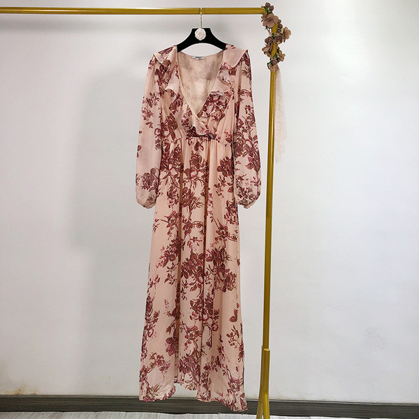 Rochie de dama lunga cu cravate in talie si model floral