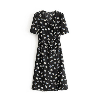 Rochie casual de dama cu motive florale in rosu si negru