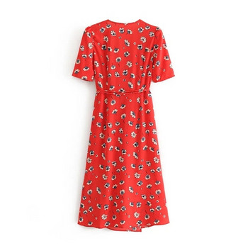 Rochie casual de dama cu motive florale in rosu si negru