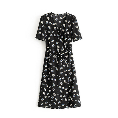 Rochie casual de dama cu motive florale in rosu si negru