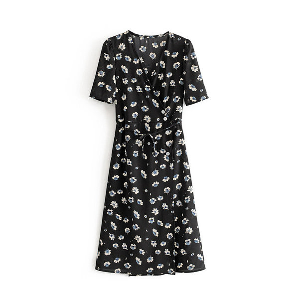 Rochie casual de dama cu motive florale in rosu si negru