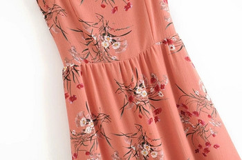 Rochie moderna de dama cu motive florale si bretele in roz