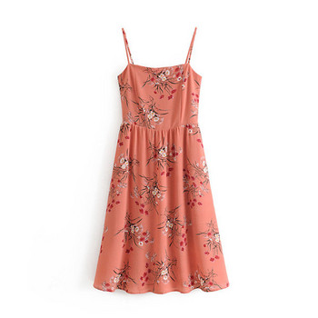 Rochie moderna de dama cu motive florale si bretele in roz