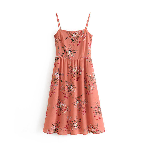 Rochie moderna de dama cu motive florale si bretele in roz