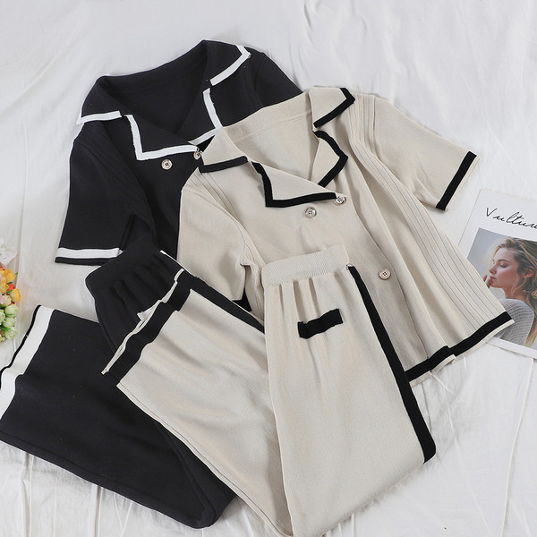 Set elegant pentru femei de tricotat subțire în negru și bej