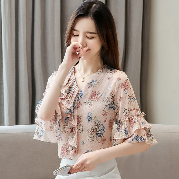 Bluză de damă actuală cu decolteu în V și motive florale