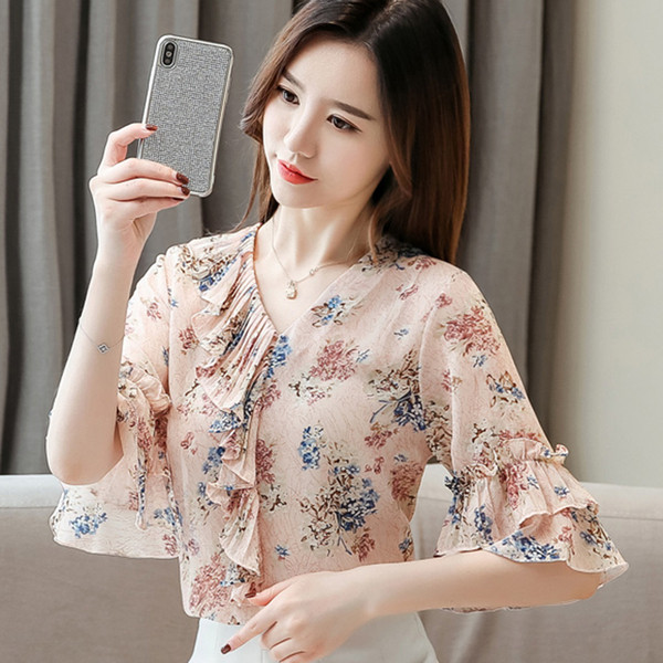 Bluză de damă actuală cu decolteu în V și motive florale