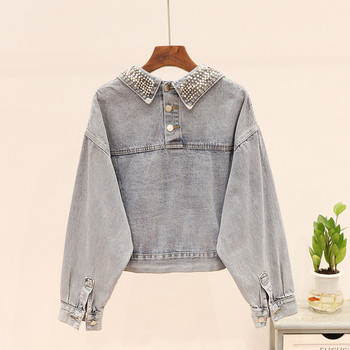 Късо дамско дънково яке широк модел с перли