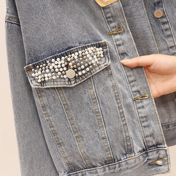 Късо дамско дънково яке широк модел с перли