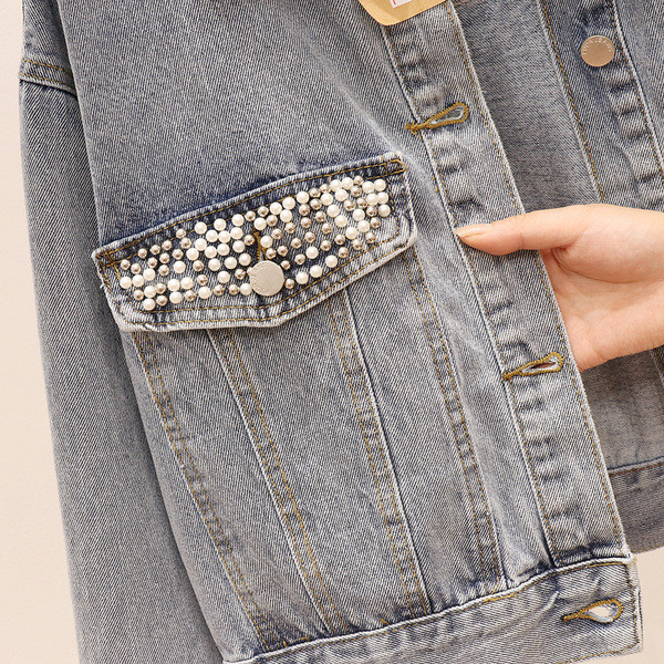 Късо дамско дънково яке широк модел с перли 