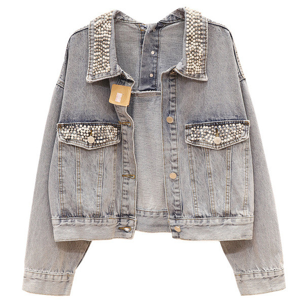 Късо дамско дънково яке широк модел с перли 