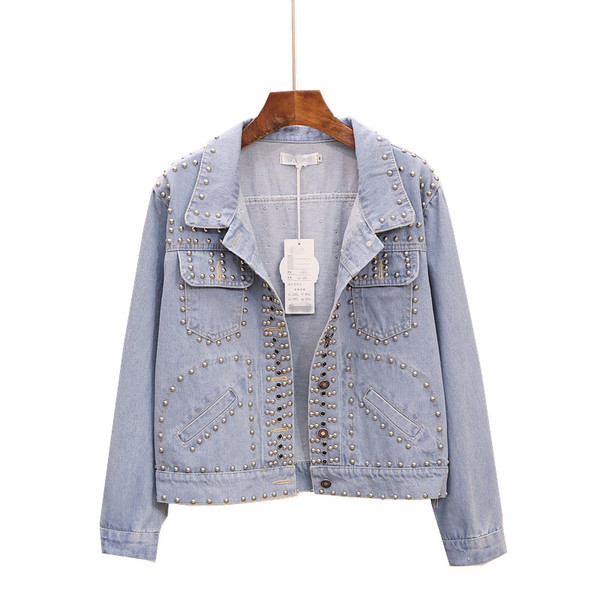 Jacheta de dama casual din denim cu elemente metalice de culoare deschisa