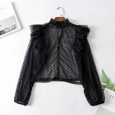 Cămașă de damă din dantelă cu mâneci lungi de culoare neagră