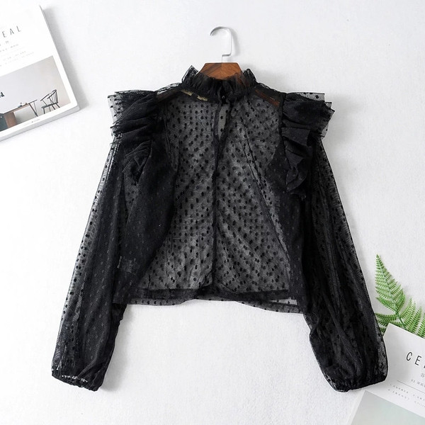 Cămașă de damă din dantelă cu mâneci lungi de culoare neagră