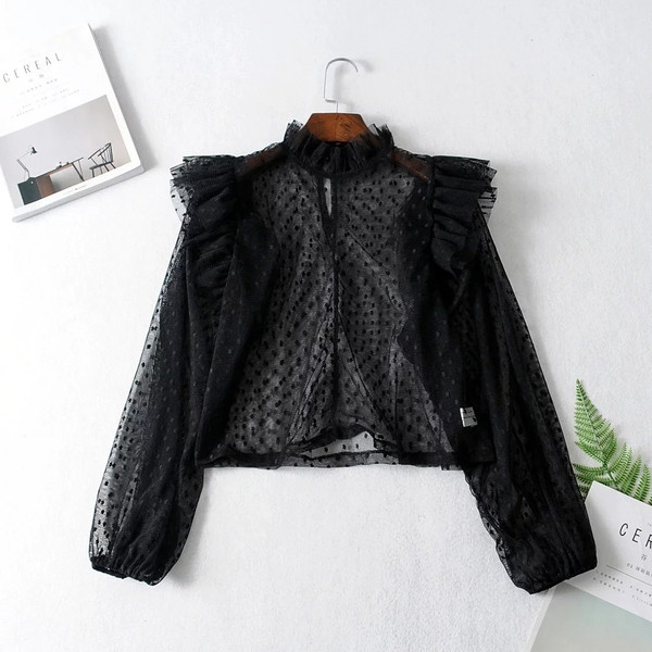 Cămașă de damă din dantelă cu mâneci lungi de culoare neagră