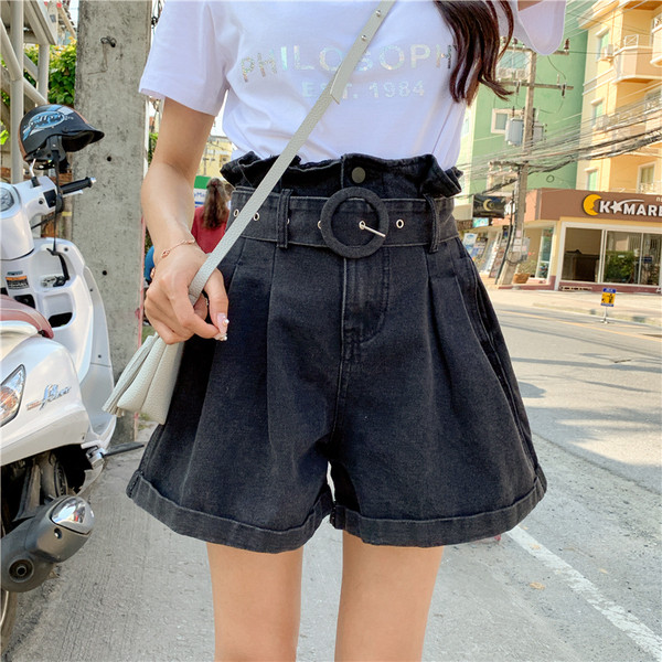 Pantaloni scurți casual de damă cu talie înaltă, de culoare gri