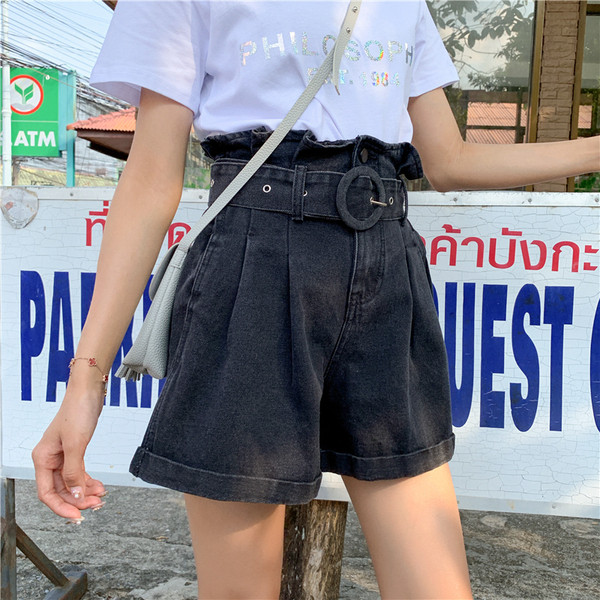 Pantaloni scurți casual de damă cu talie înaltă, de culoare gri