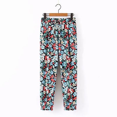 Дамски ежедневни панталони с флорален десен и еластична талия 