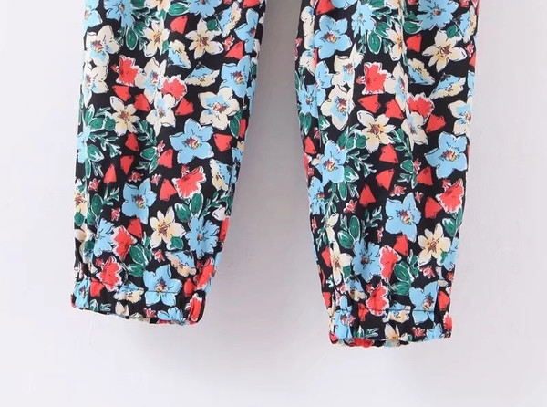 Pantaloni casual dama cu model floral si talie elastica
